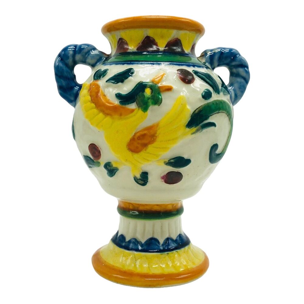 Moriyama Japanese Vase Hand Painted Bird Flower Ceramic Pottery Double Handle 6”